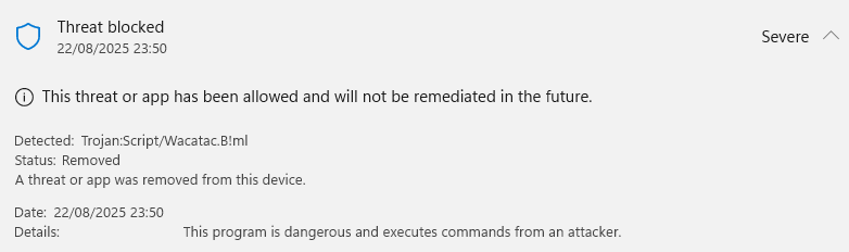 Screenshot of Windows Defender where it blocked something classified as "Wacatac" malware.
