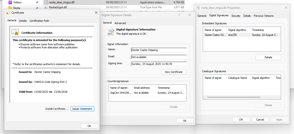 Screenshot of the signature information on one of my programs. It shows that noita_dear_imgui.dll was signed on the 24th of August 2025 with a certificate issued by HARICA to Dexter. There's a counter signature on it from DigiCert's timestamping server.