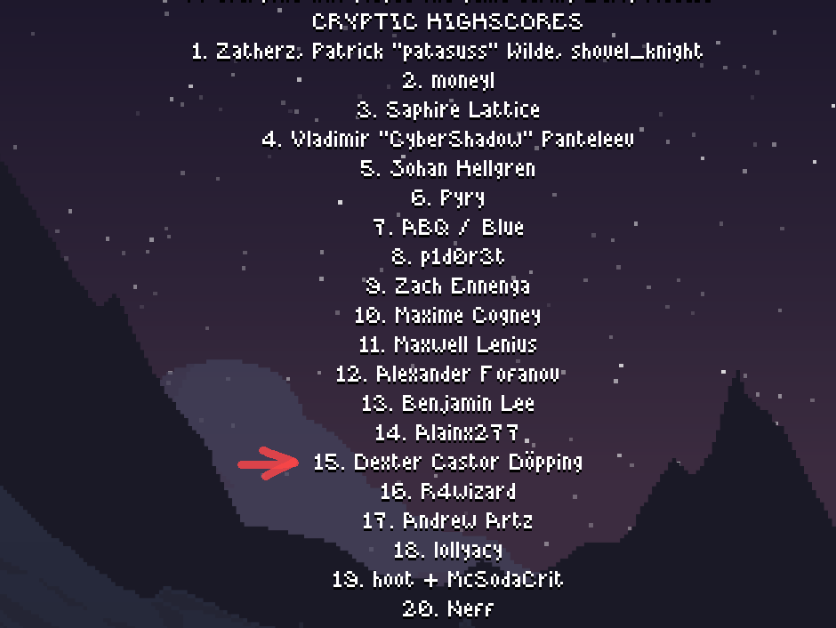 A list of names under the section "Cryptic Highscores". A red arrow points at number 15 with the name Dexter Castor Döpping